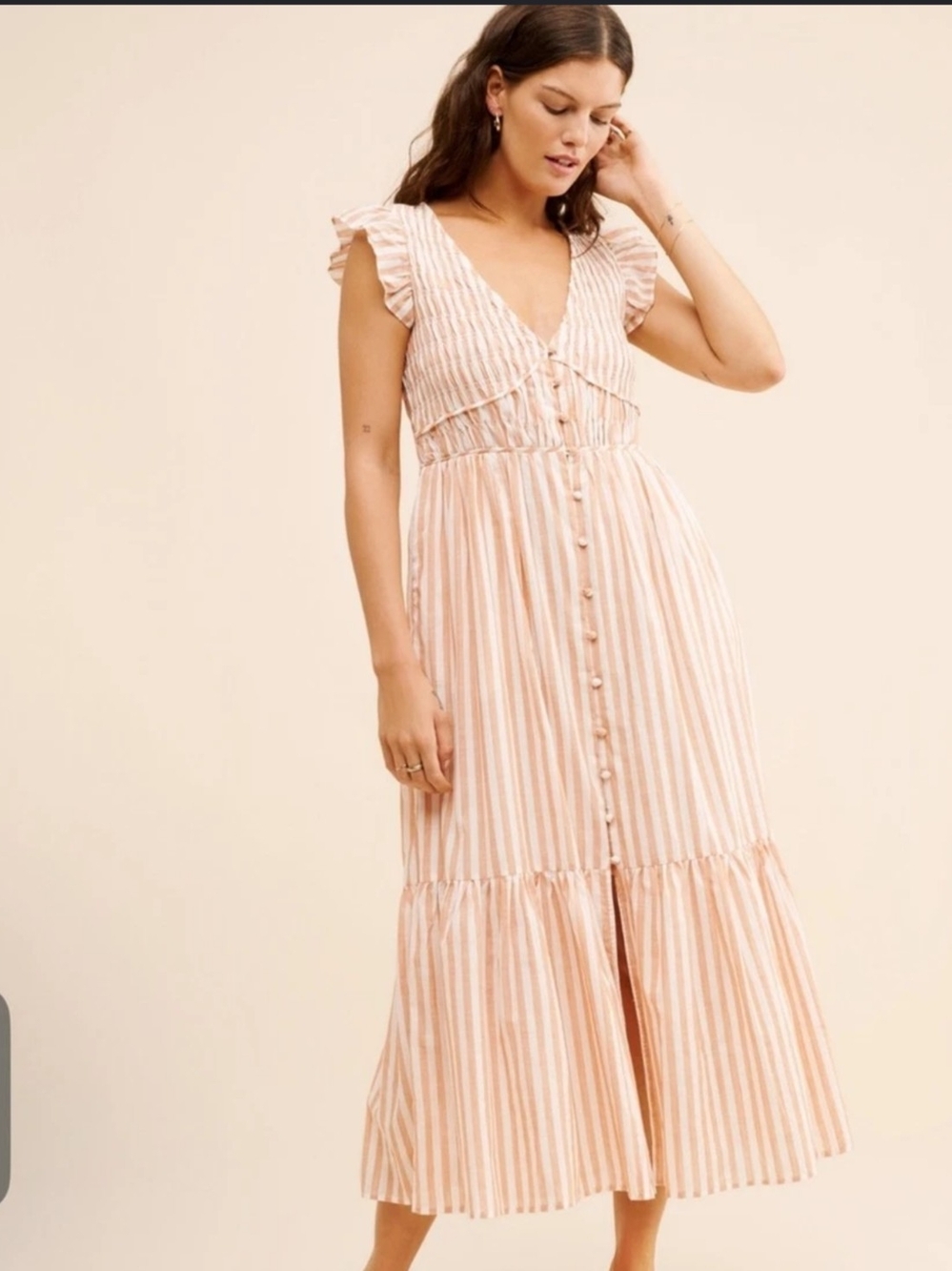 Anthropologie Peach and White Striped Button-Front Sundress - Picture 3 of 3